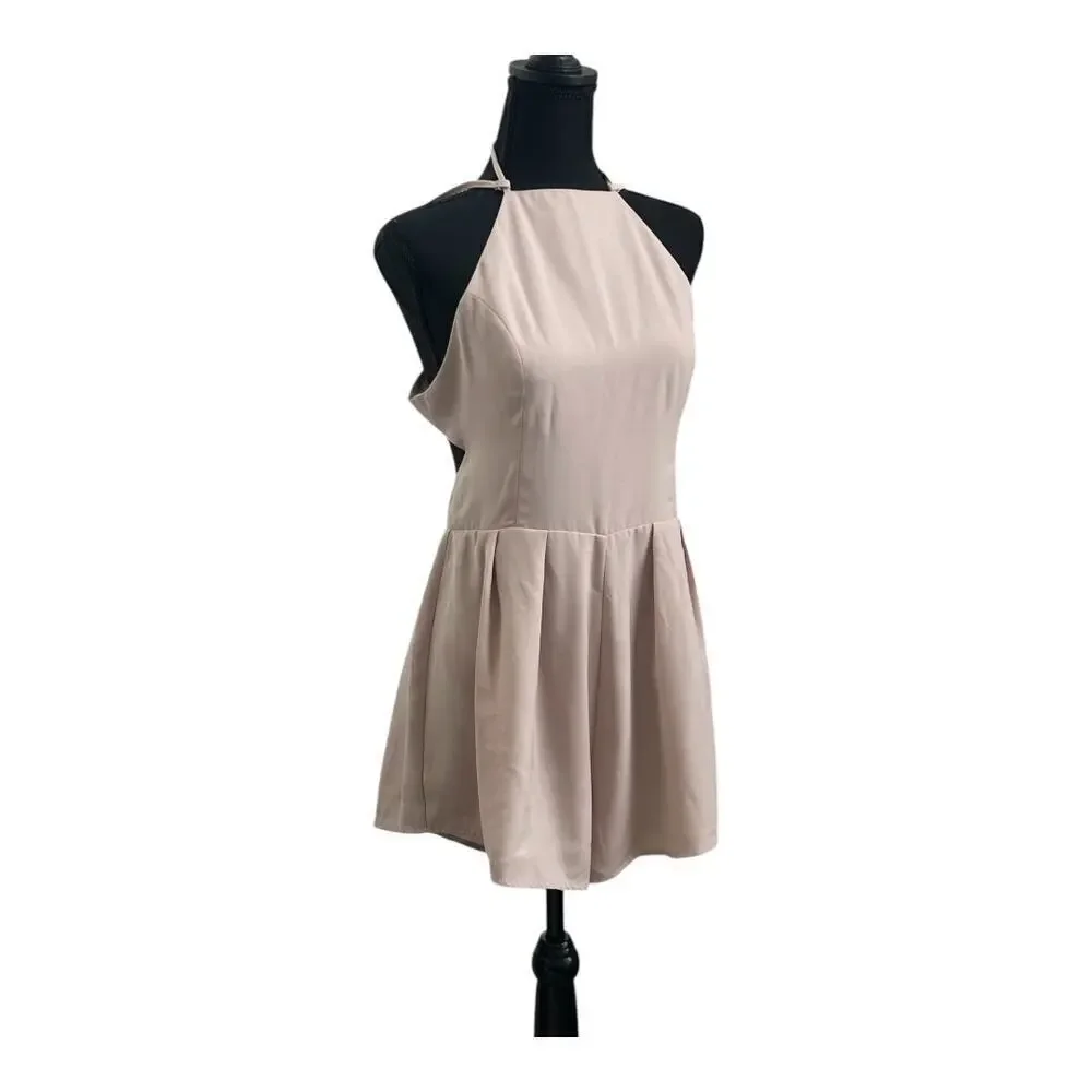 Tan Halter Neck Romper | Flowy Neutral Playsuit